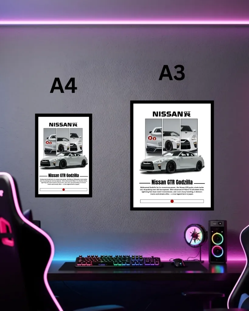Nissan GTR Godzilla Framed Poster – JDM Supercar Wall Art for Gamers & Car Lovers | A3 / A4
