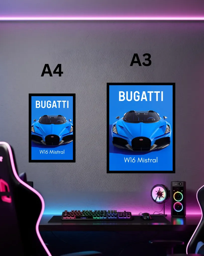 Bugatti W16 Mistral Framed Poster – Hypercar Wall Art for Gaming Room | A3 A4 Size