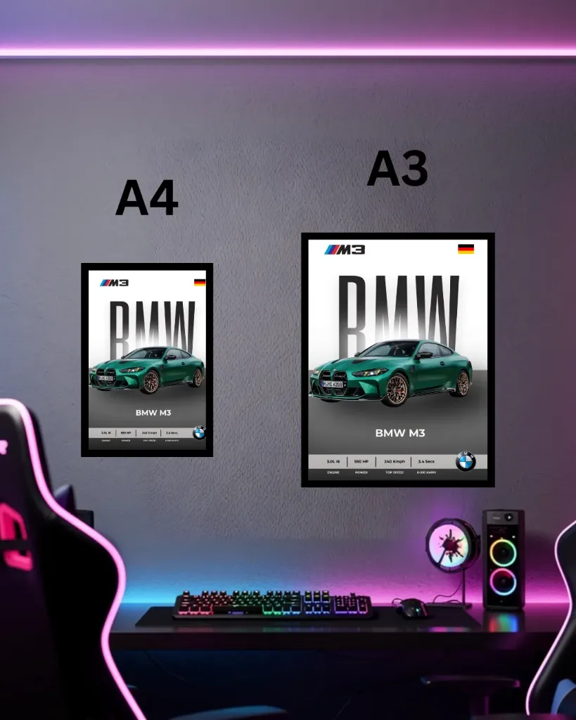 BMW M3 Framed Poster – German Performance Car Wall Art with Specs | A3 A4 Size