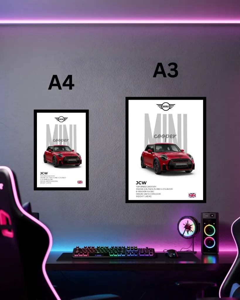 Mini Cooper JCW Framed Poster – British Hot Hatch Wall Art with Specs | A3 A4 Size