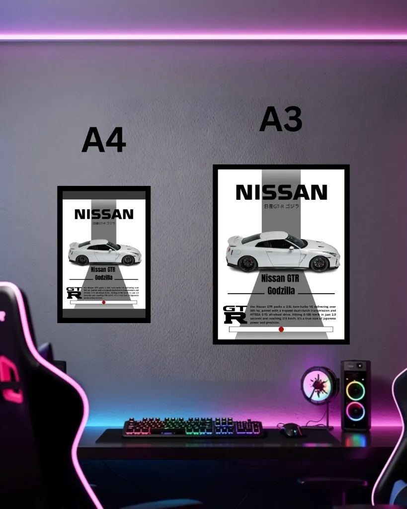 Nissan GTR R35 Godzilla Framed Poster – White JDM Supercar Spec Print | A3 A4 Wall Art