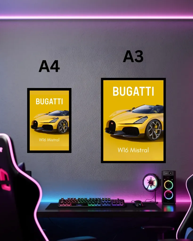 Bugatti W16 Mistral Yellow Framed Poster – Pop Art Hypercar Wall Print | A3 A4 Size