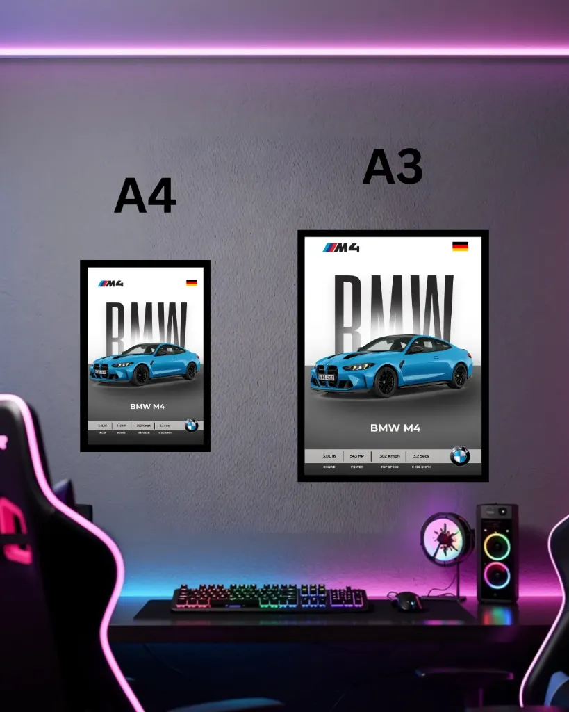BMW M4 G82 Framed Car Poster – Yas Marina Blue German Flag Spec Sheet A4 A3