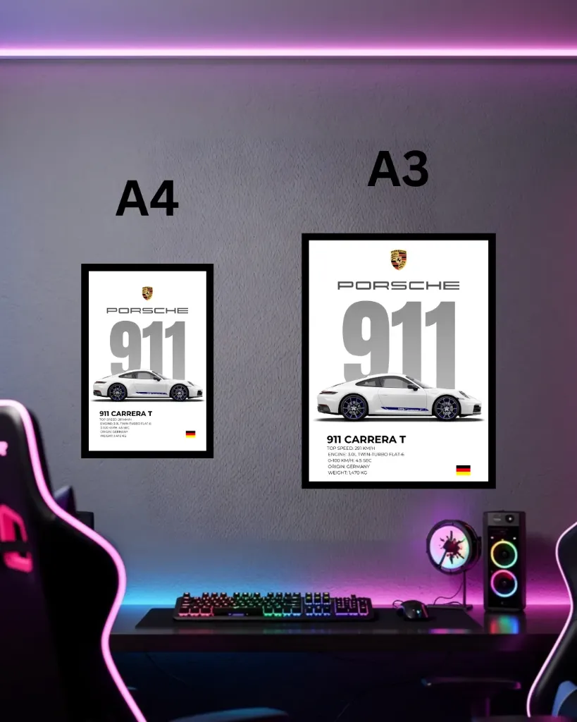 Porsche 911 Carrera T Framed Poster – White Spec Print | A3 A4 Wall Art