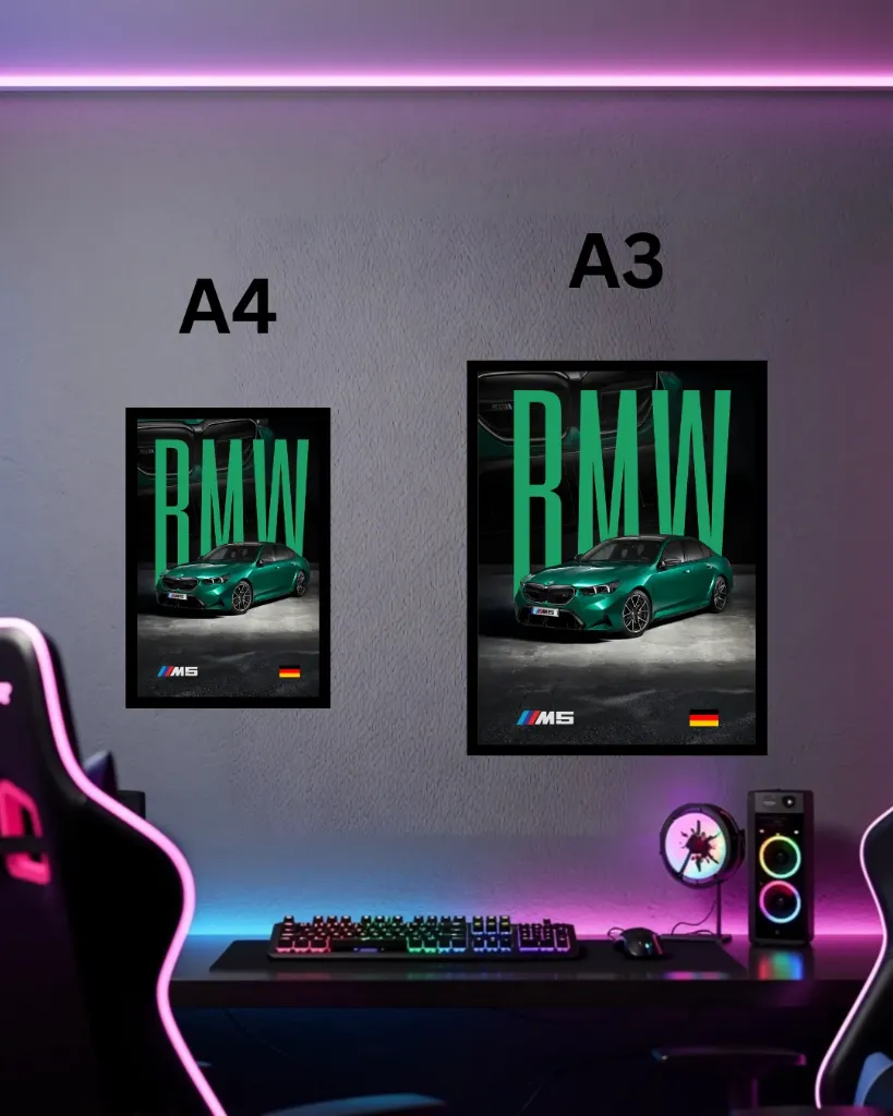 BMW M5 Car Poster with Frame | A3 & A4 Size Wall Art for Gaming Room Decor
