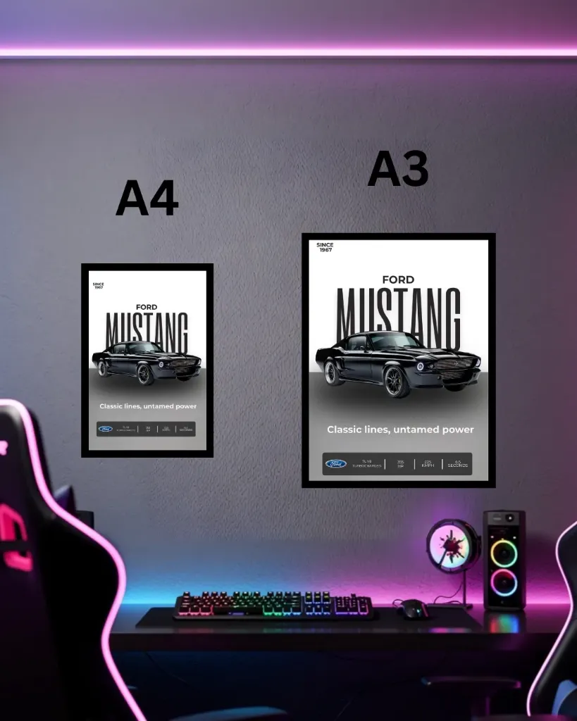 Ford Mustang 1967 Poster with Frame | Classic Muscle Car Wall Art A3 A4 Size for Gaming Room Decor