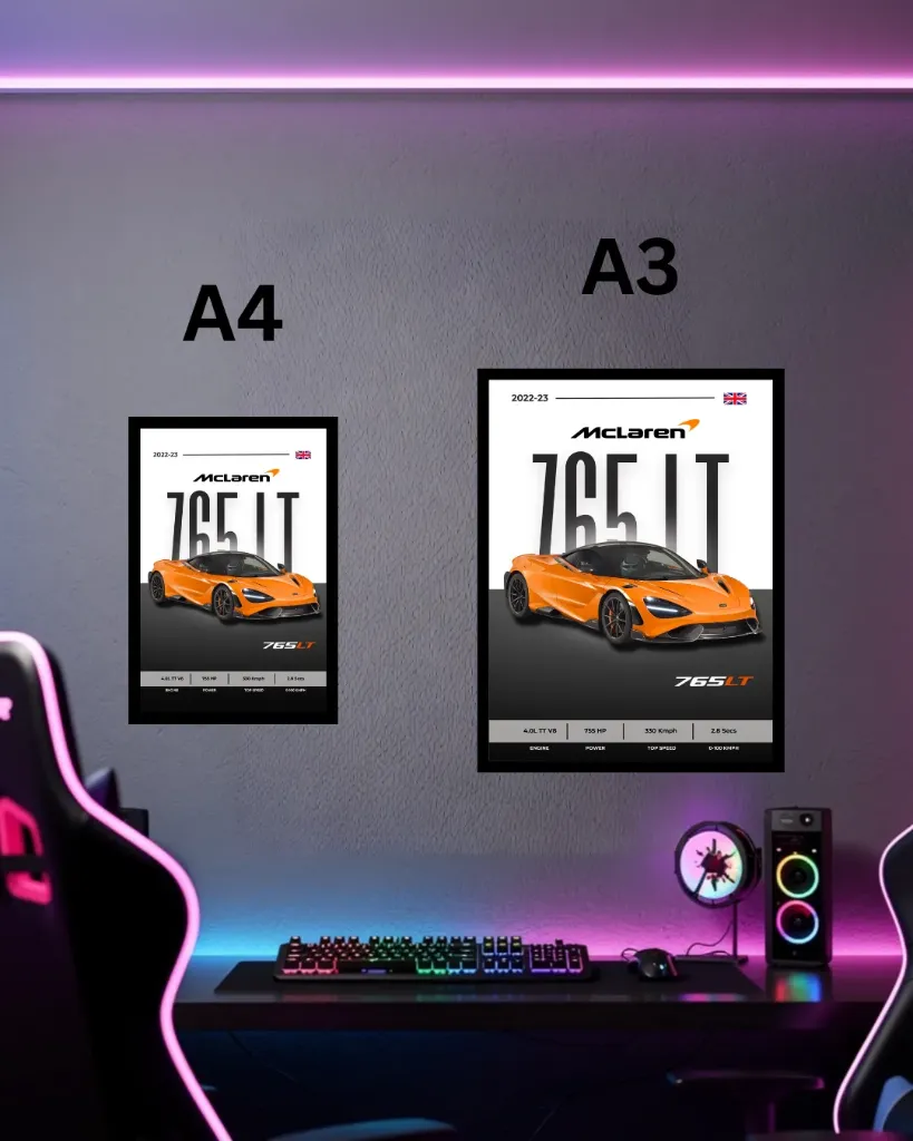 McLaren 765LT Supercar Poster with Frame | 2022-23 Hypercar Wall Art A3 A4 for Gaming Room