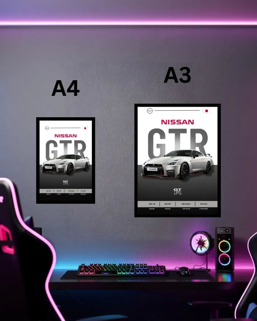 Nissan GTR R35 Poster with Frame | JDM Supercar Wall Art A3 A4 Size for Gaming Room Decor