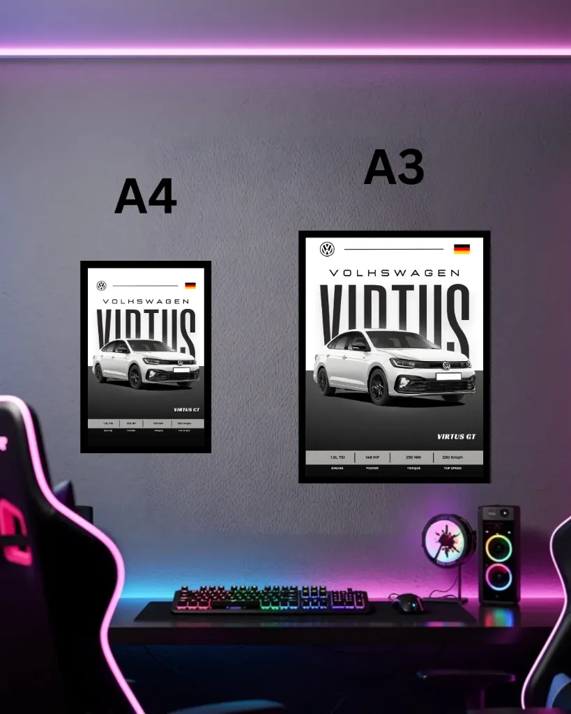 Volkswagen Virtus GT Poster with Frame | German Sedan Wall Art A3 A4 Size for Car Lovers