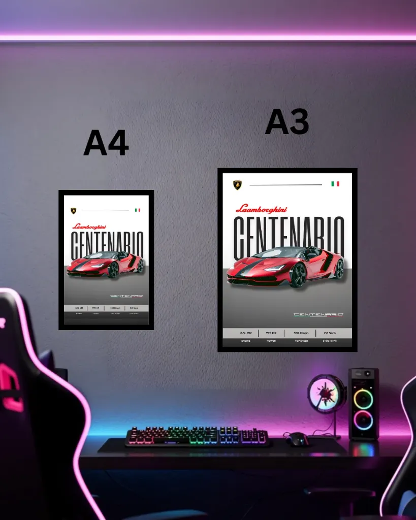 Lamborghini Centenario Poster with Frame | Italian Hypercar Wall Art A3 A4 Size for Gaming Room Decor
