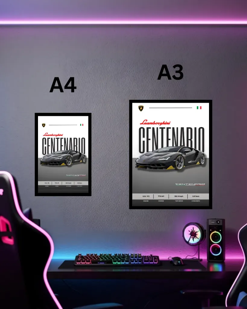 Lamborghini Centenario Coupe Poster with Frame | Black Hypercar Wall Art A3 A4 for Gaming Room