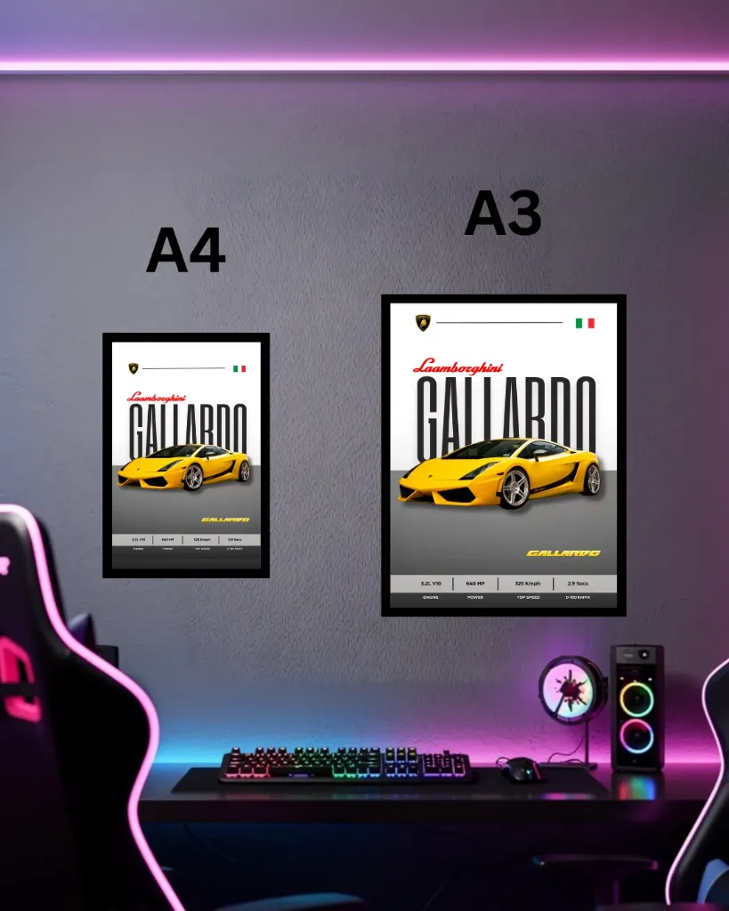 Lamborghini Gallardo Poster with Frame | Italian V10 Supercar Wall Art A3 A4 for Gaming Room Decor