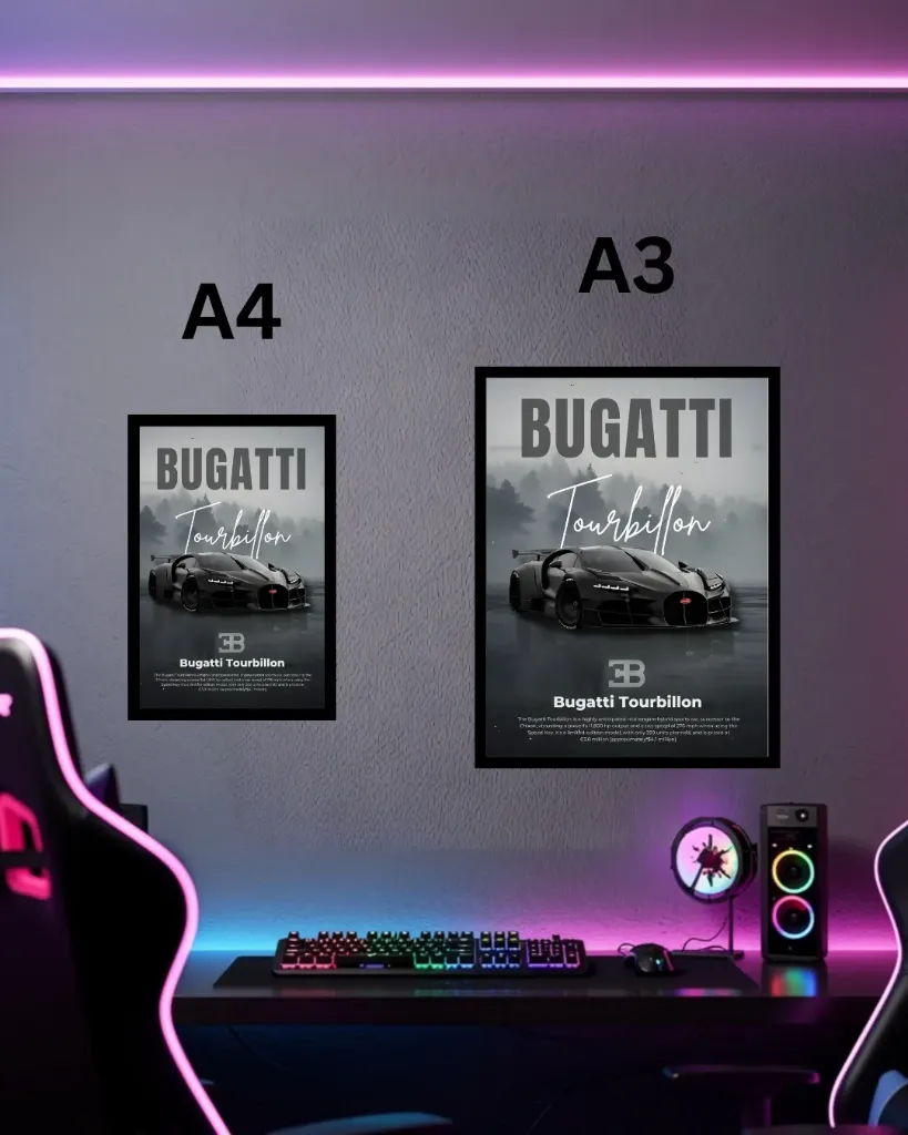 Bugatti Tourbillon Poster with Frame | V16 Hybrid Hyper car Wall Art A3 A4 for Gaming Room Decor