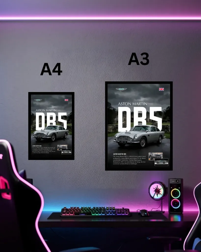 Aston Martin DB5 Poster with Frame | James Bond 007 Car Wall Art A3 A4 for Office, Living Room