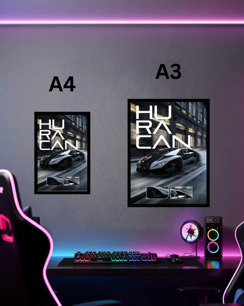 Lamborghini Huracan Poster with Frame | Black V10 Supercar Wall Art A3 A4 for Gaming Room Decor