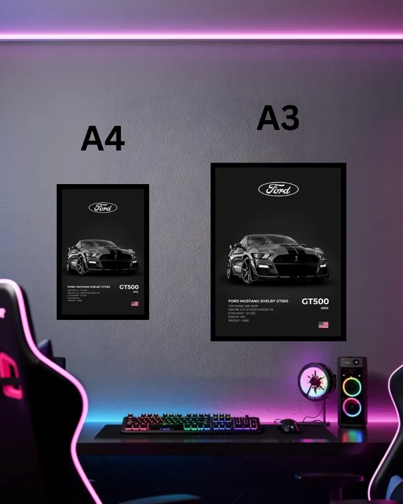 Ford Mustang Shelby GT500 Framed Wall Poster | A3 & A4 Size Car Wall Art for Gaming Room (A4 size)