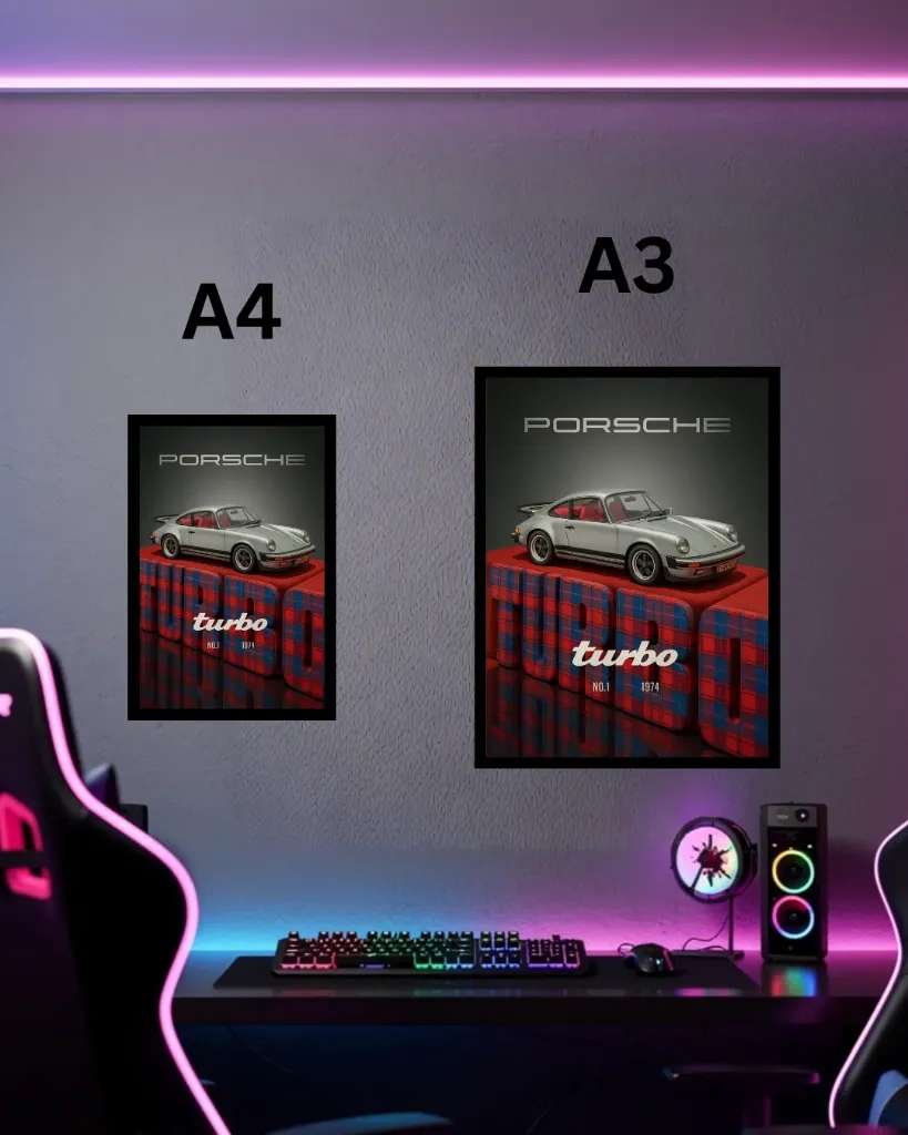 Porsche 911 Turbo 1974 Framed Wall Poster | A3 & A4 Size Classic Car Art for Garage & Gaming Room