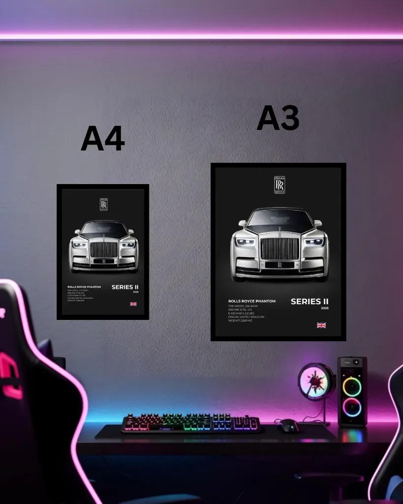 Rolls-Royce Phantom Series II Framed Wall Poster | A3 & A4 Size Luxury Sedan Spec Sheet Art
