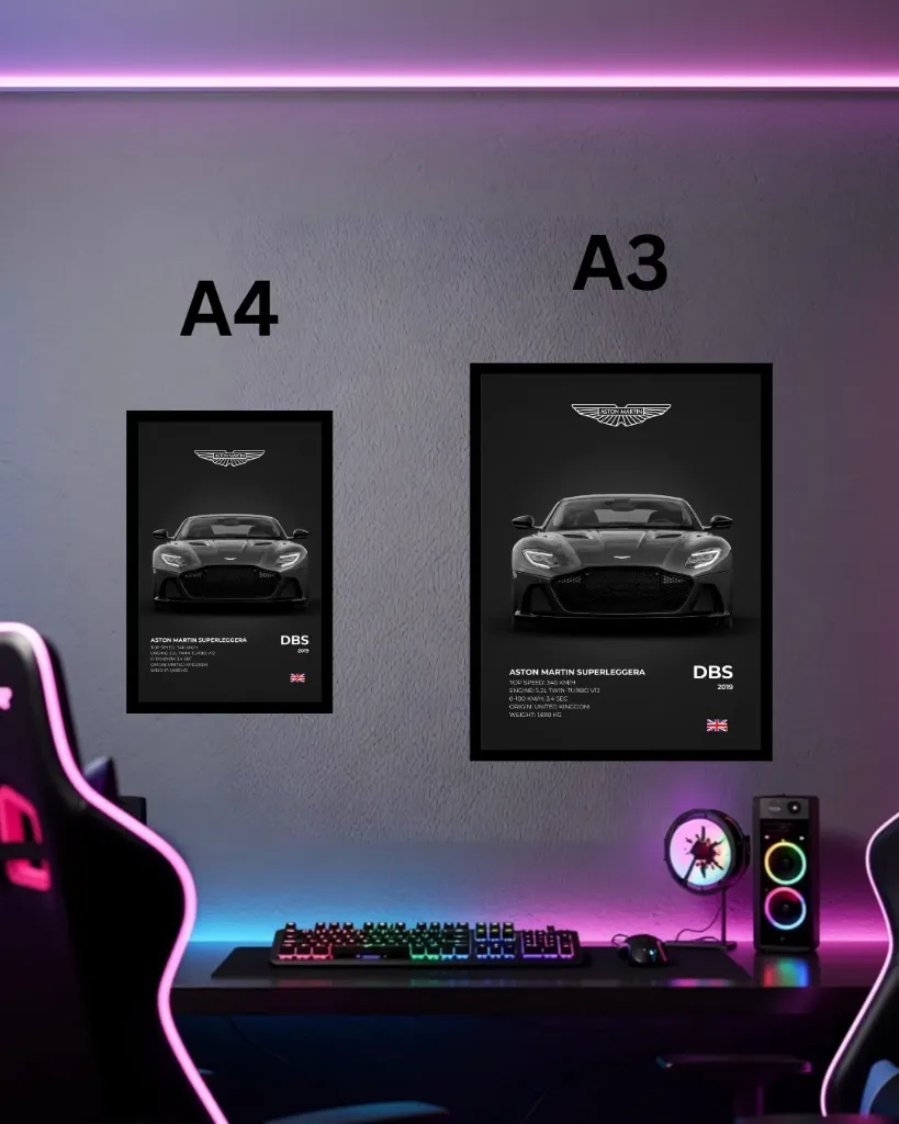 Aston Martin DBS Superleggera Framed Wall Poster | A3 & A4 Size Supercar Spec Sheet Art (A4 size)