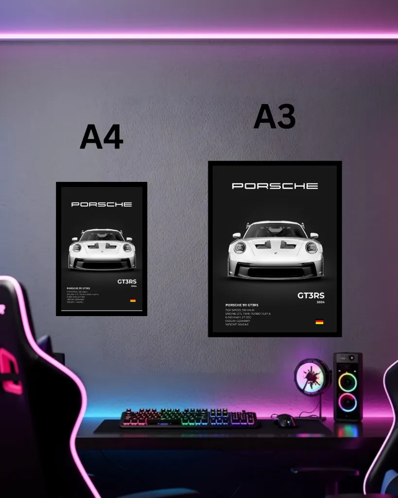 Porsche 911 GT3 RS 2024 Framed Wall Poster | A3 & A4 Size Track Car Spec Sheet Wall Art