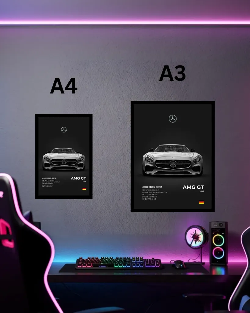 Mercedes-Benz AMG GT 2016 Framed Wall Poster | A3 & A4 Size German Supercar Spec Sheet Art