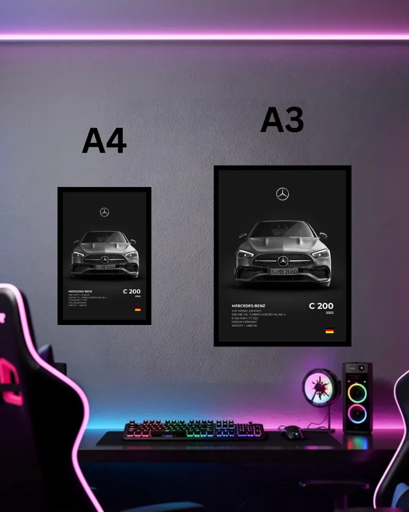 Mercedes-Benz C 200 2022 Framed Wall Poster | A3 & A4 Size Luxury Sedan Spec Sheet Art