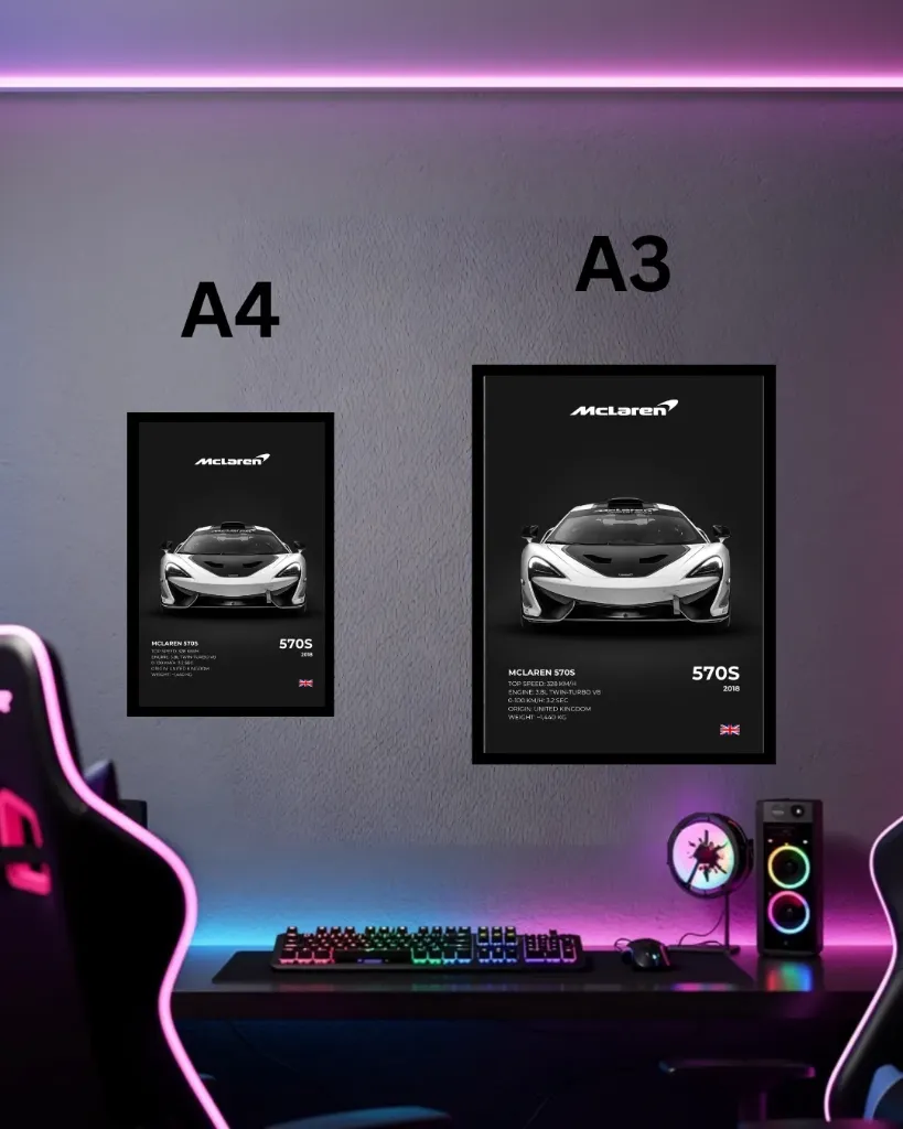 McLaren 570S 2018 Framed Wall Poster | A3 & A4 Size British Supercar Spec Sheet Art