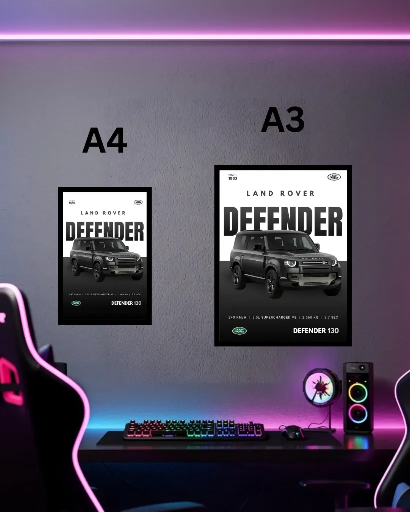 Land Rover Defender 130 V8 Framed Wall Poster | A3 & A4 Size Adventure SUV Spec Sheet Art