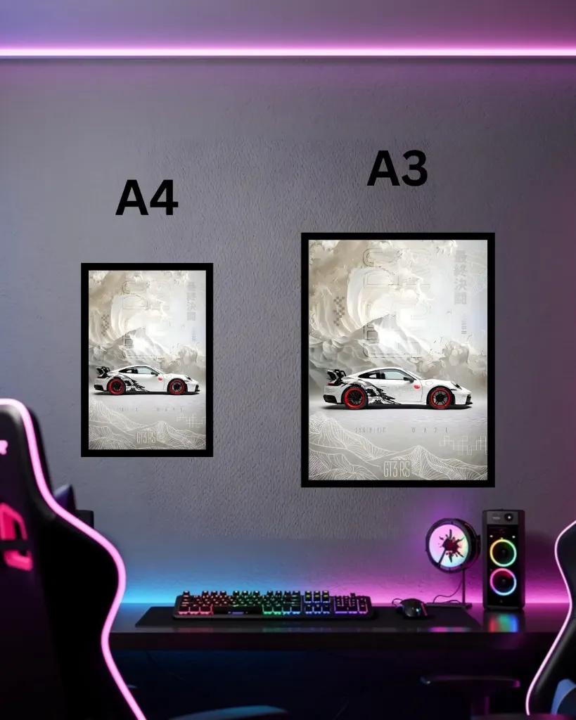 Porsche 911 GT3 RS Synthetic Wave Framed Wall Poster | A3 & A4 Size Japanese Art Car Print