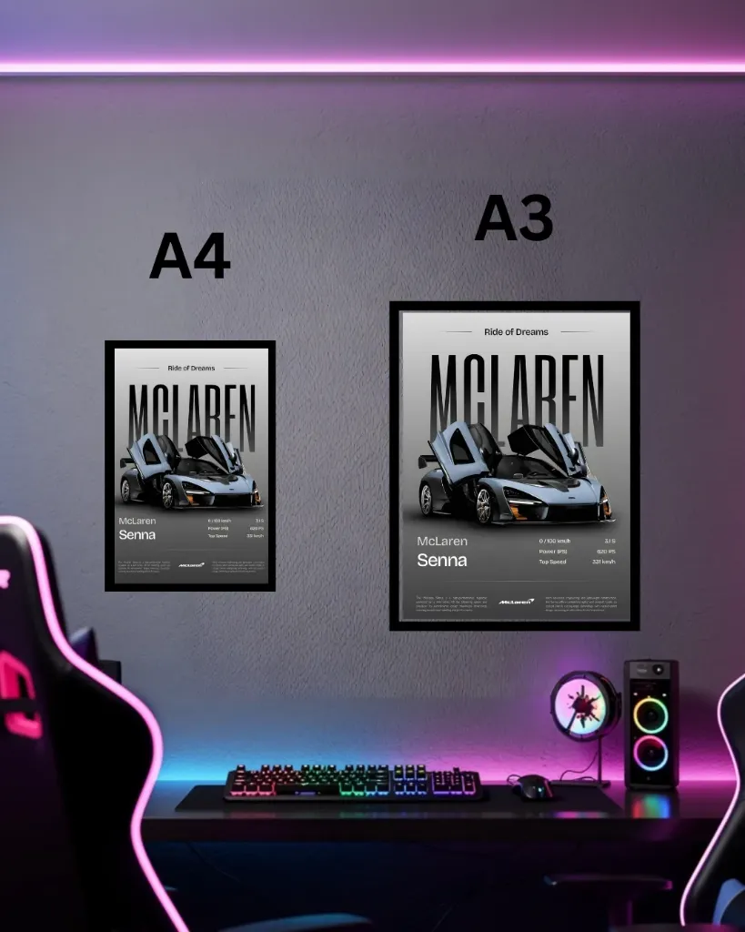McLaren Senna Framed Wall Poster | A3 & A4 Size Hypercar Spec Sheet Wall Art
