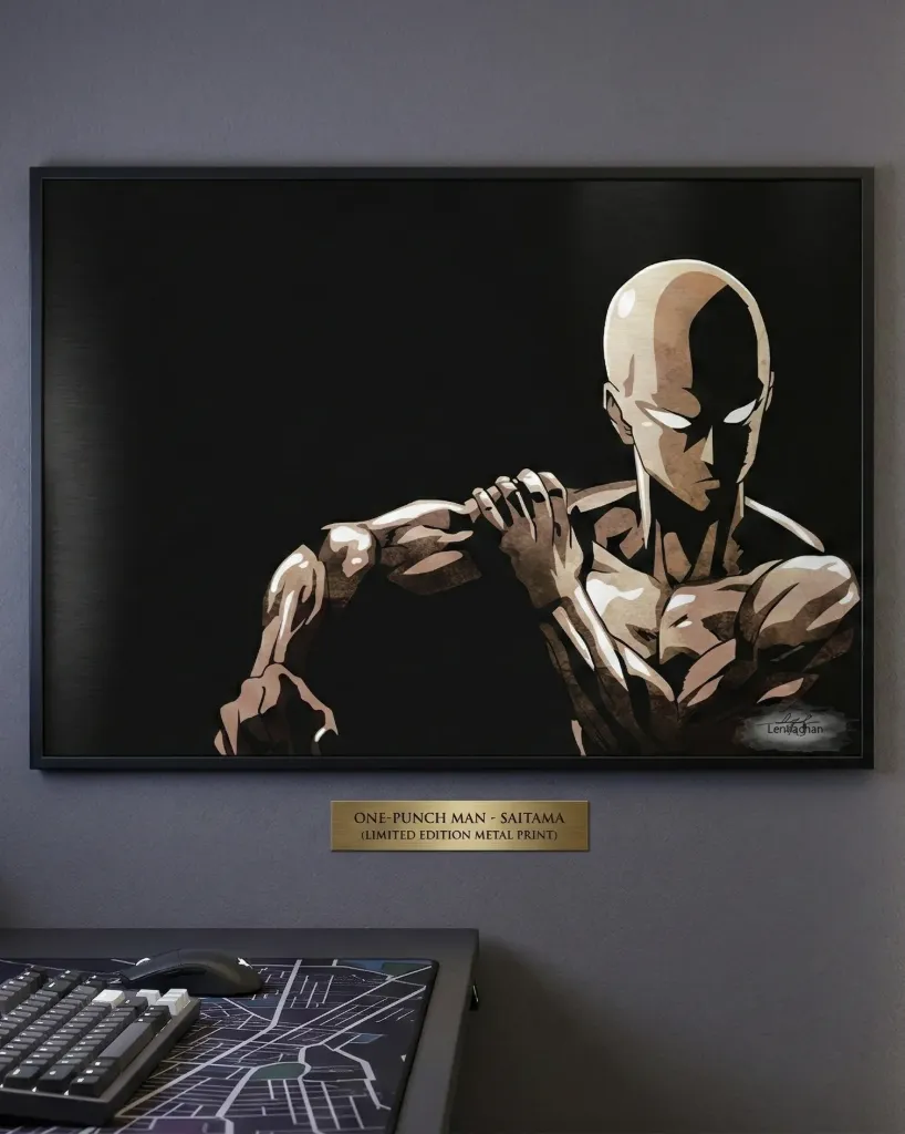 Saitama Limited Edition Metal Print One-Punch Man Saitama Artwork Bald Cape Hero Metal Art Saitama Serious Mode Print One-Punch Man Collectible Wall Art (A4 size)