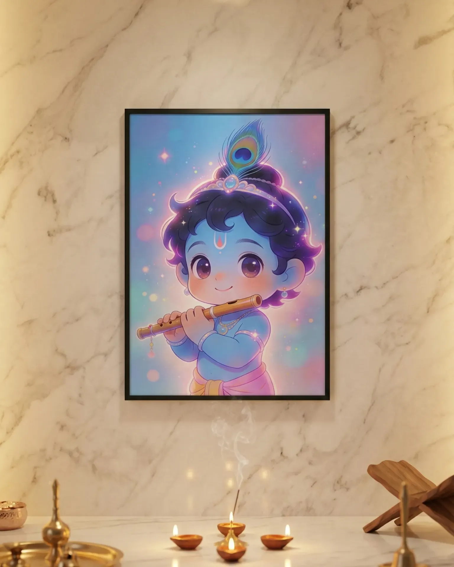 Cute Baby Krishna with Flute Framed Art Print (A4 size)