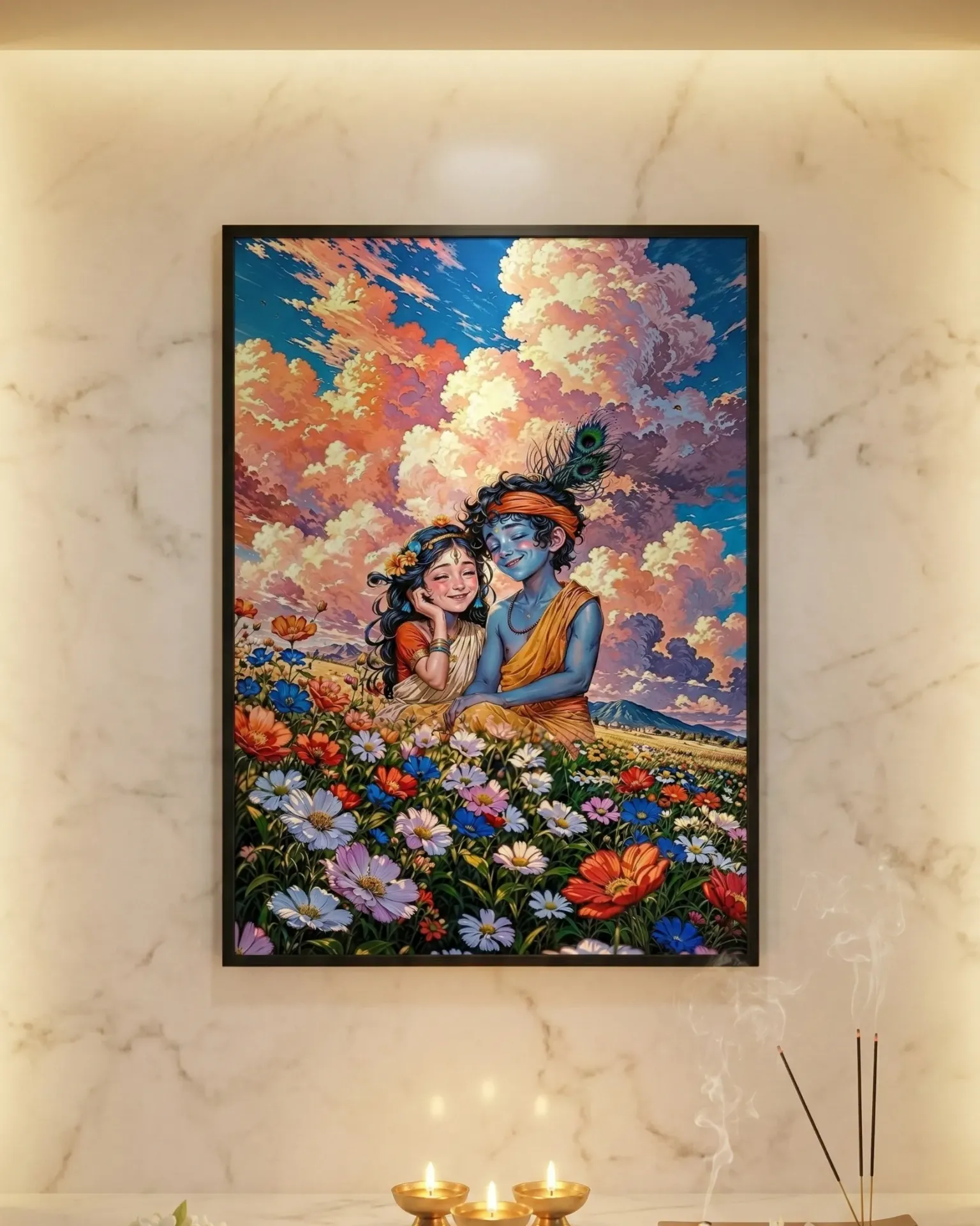 Radha Krishna in Floral Meadow Framed Art with Whimsical Sky (A4 size)