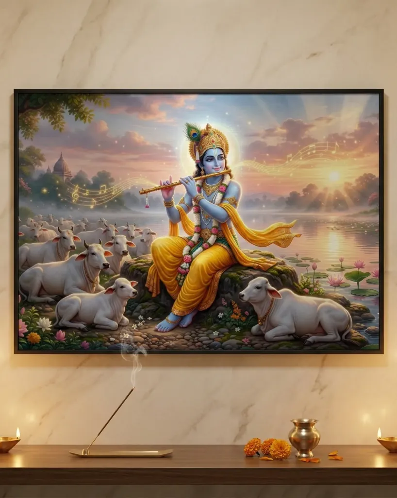 Lord Krishna with Flute and Cows Sunset Art Print