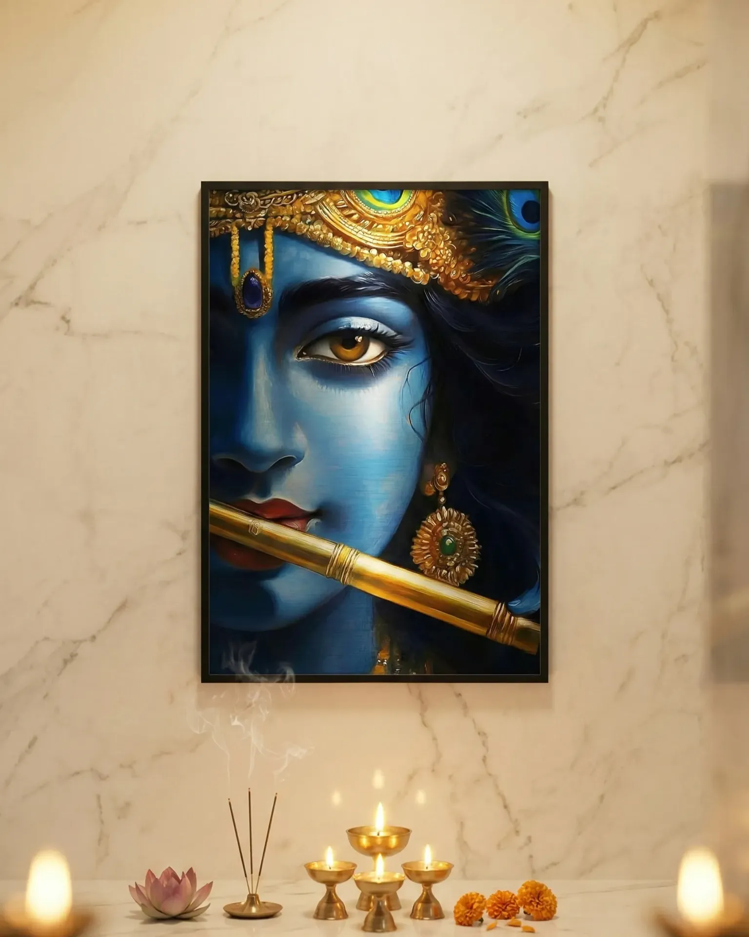 Close-up Krishna with Golden Flute Framed Art Print (A4 size)