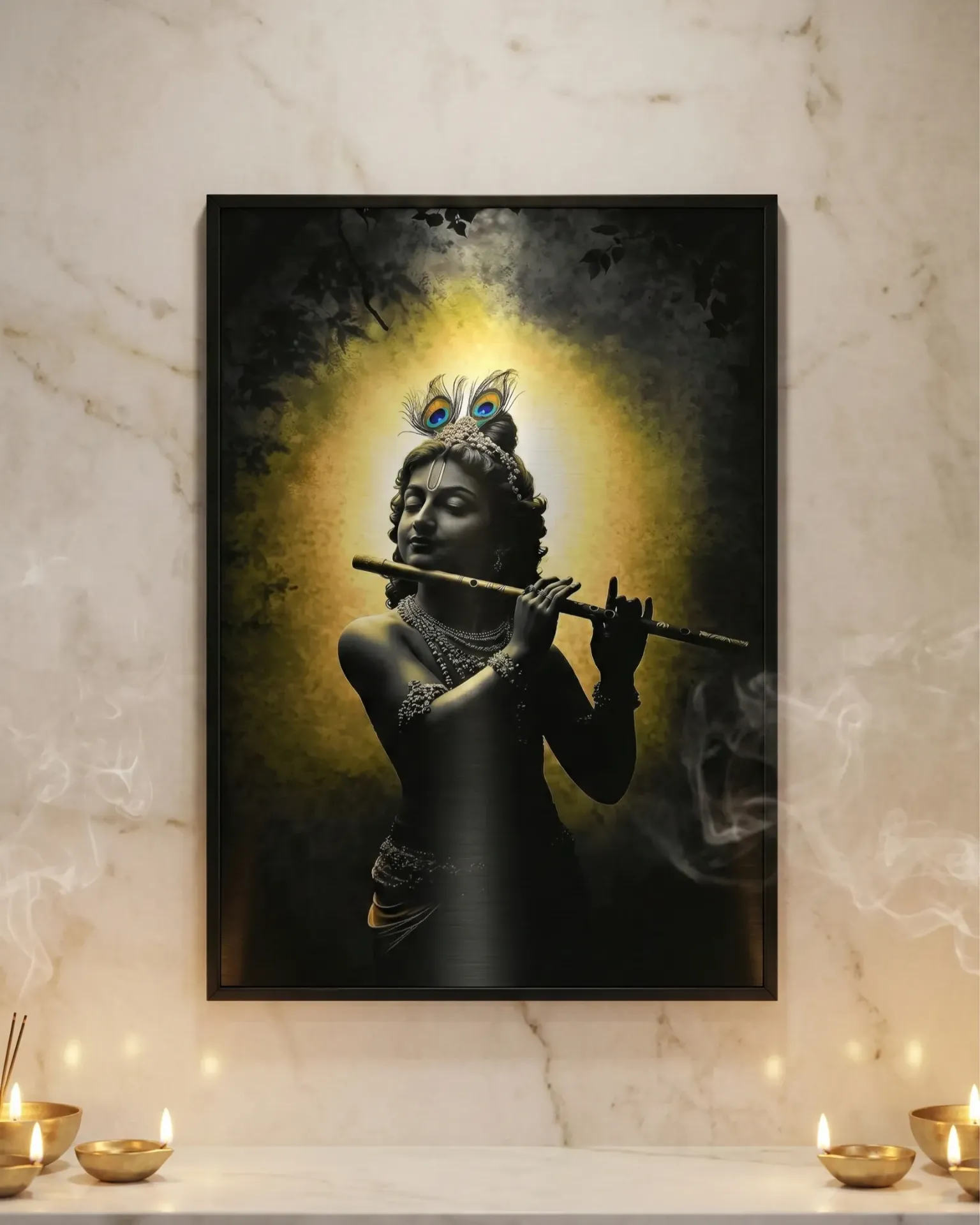 Divine Krishna Statue with Flute and Halo Effect Wall Decor