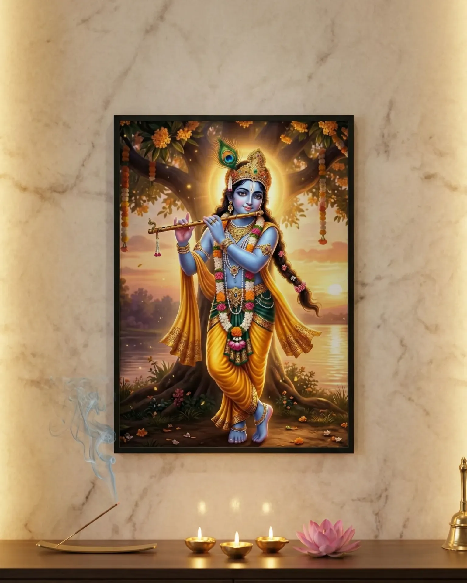Radiant Krishna Playing Flute Under Tree at Sunset Framed Art