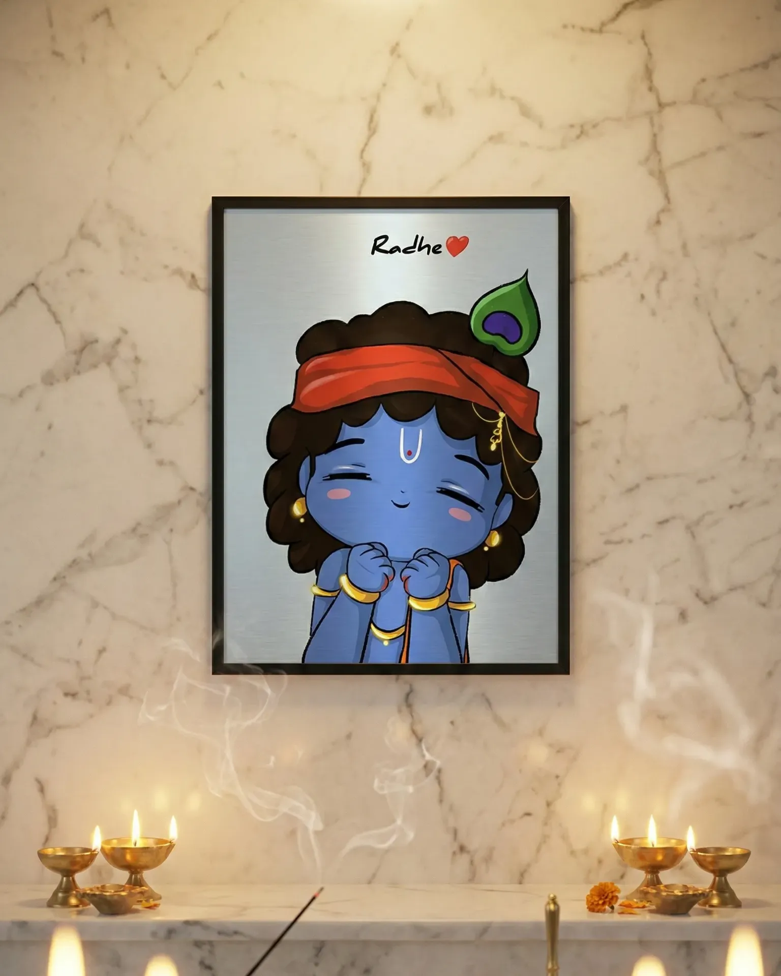Cute Chibi Krishna "Radhe" Love Art Print with Peacock Feather Crown (A4 size)