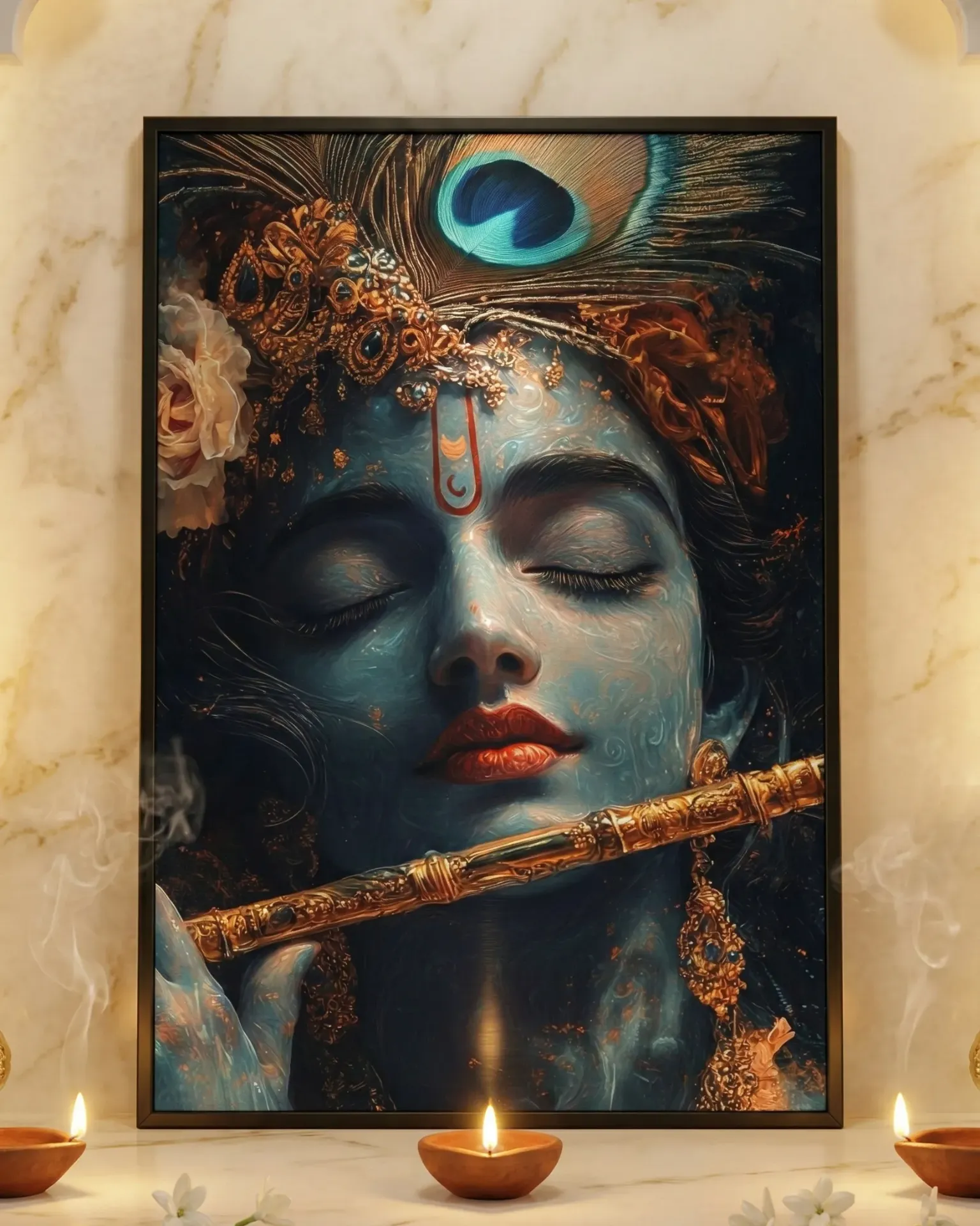 Divine Krishna in Deep Meditation Playing Flute with Vivid Details & Peacock Crown Wall Art (A4 size)