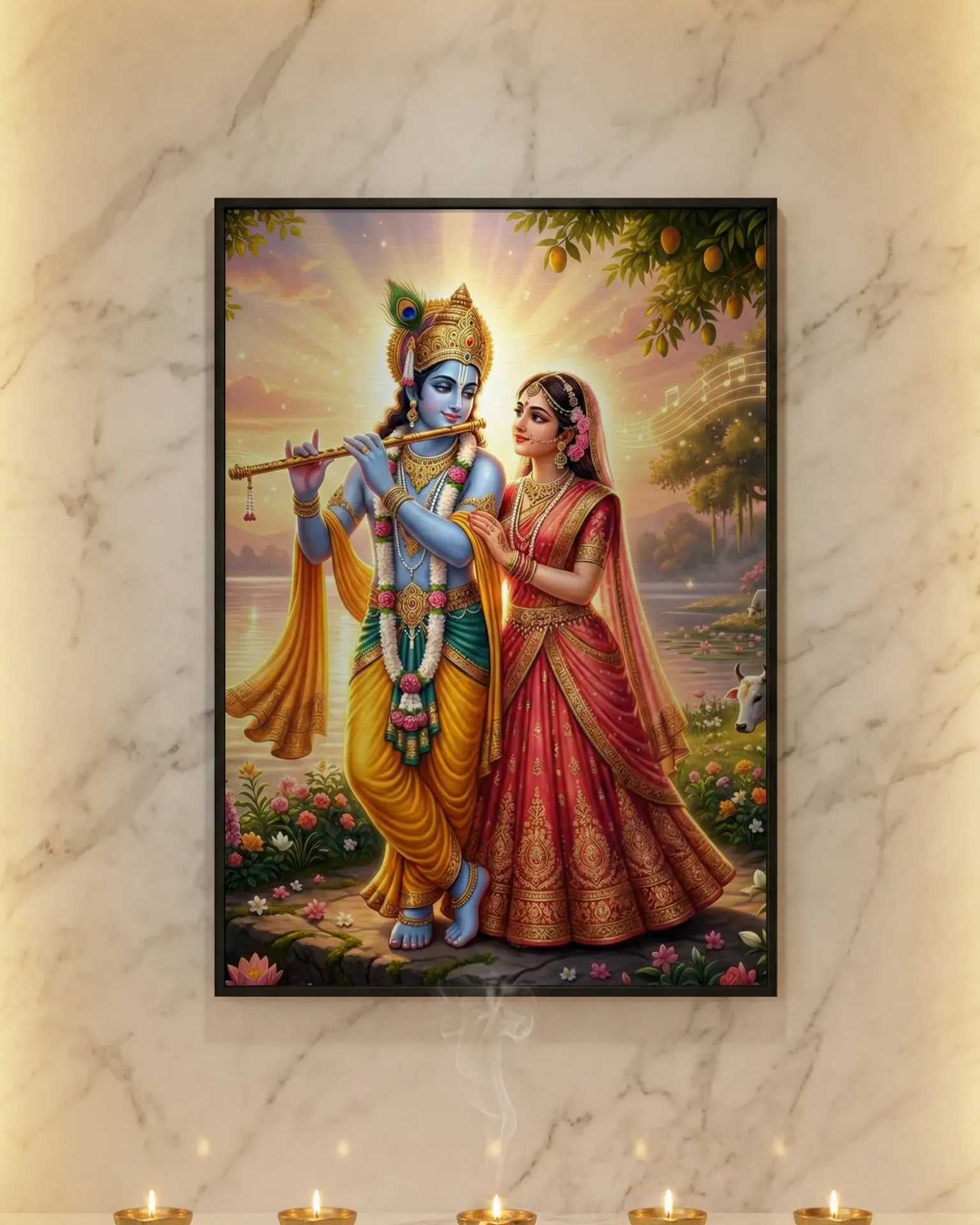 Divine Radha Krishna Love Story Art Print with Flute Music and Golden Sunset Glow