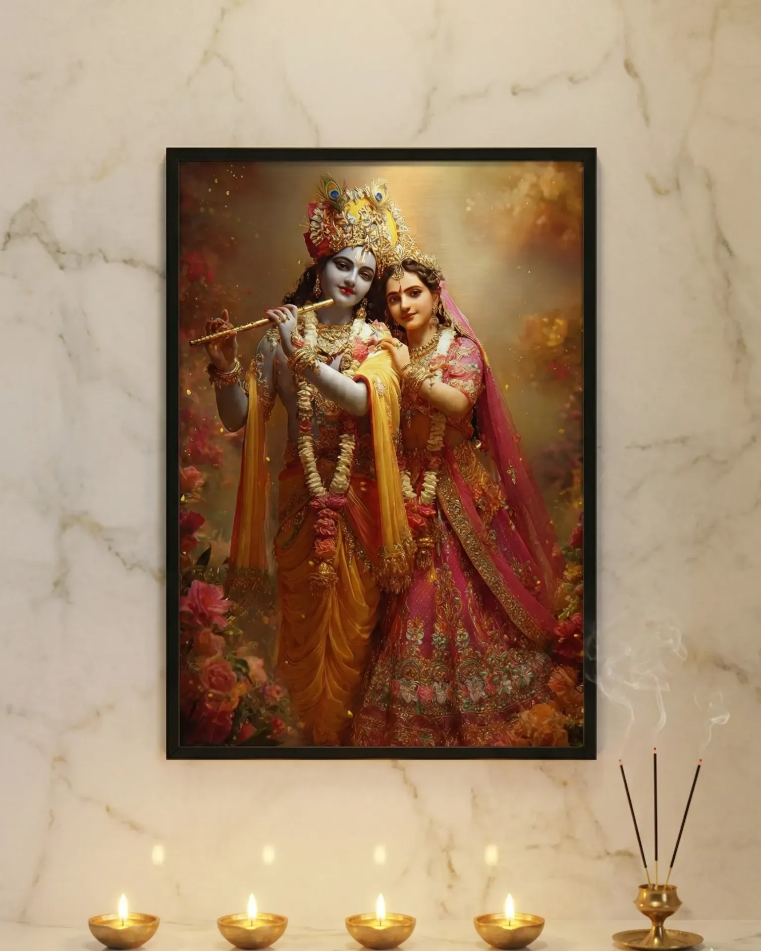 Enchanting Radha Krishna Embracing in a Rose Garden with Ornate Attire and Sparkling Details (A4 size)