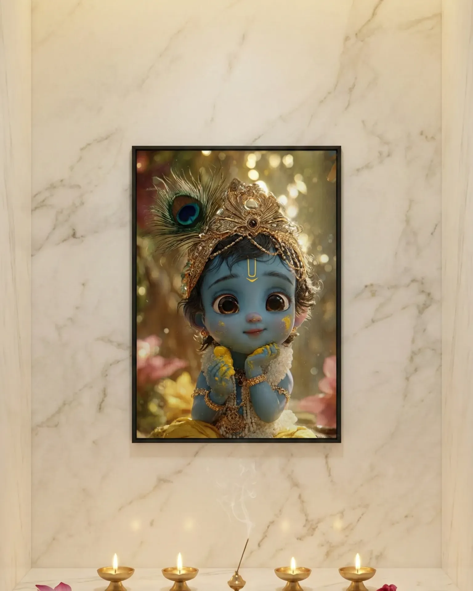 Adorable Baby Krishna with Peacock Feather Crown & Tilak Framed Art Print (A4 size)