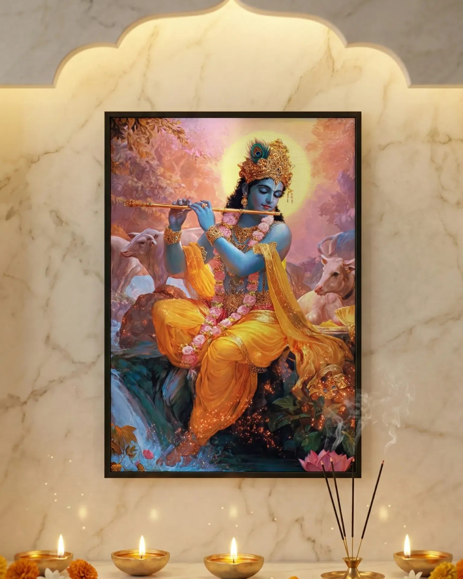 Divine Krishna Flute Player with Cows in Golden Glow Framed Art Print