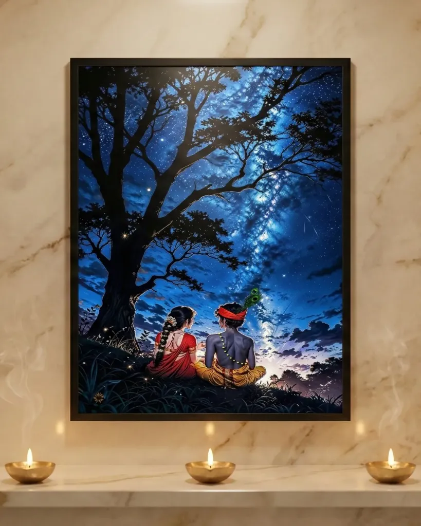 Radha Krishna Under Starry Night Sky Framed Art Print (A4 size)