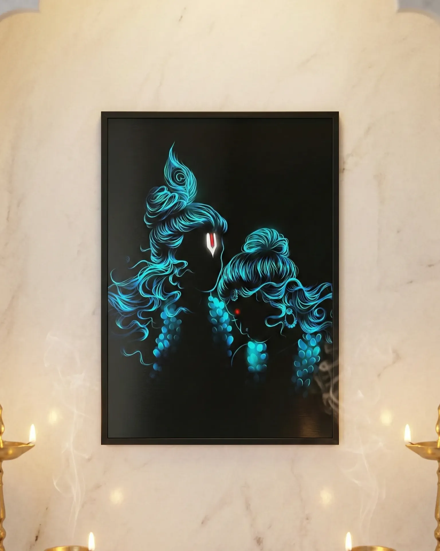 Radha Krishna Neon Blue Glow Framed Art Print