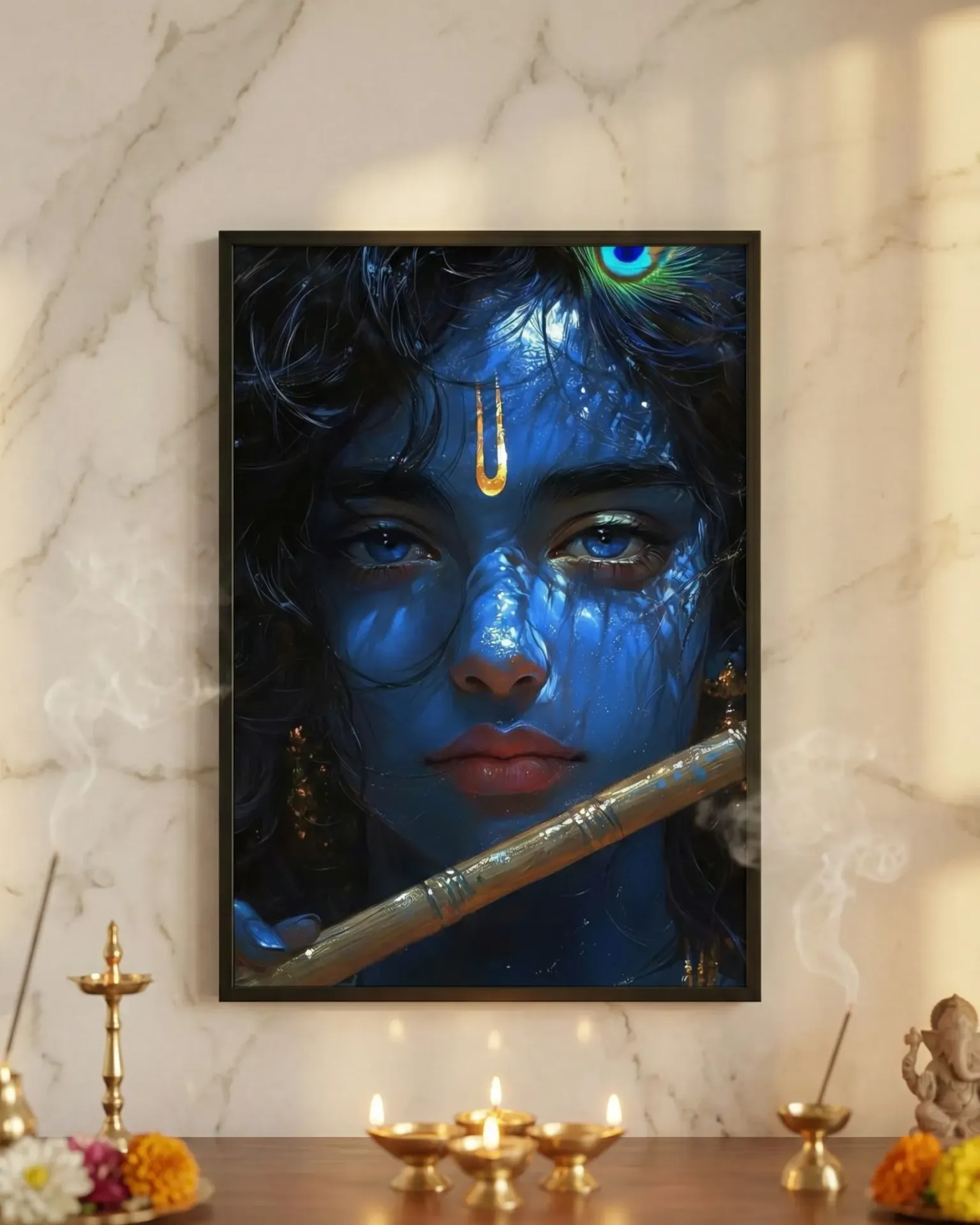 Mesmerizing Lord Krishna with Flute & Peacock Feather Framed Art (A4 size)