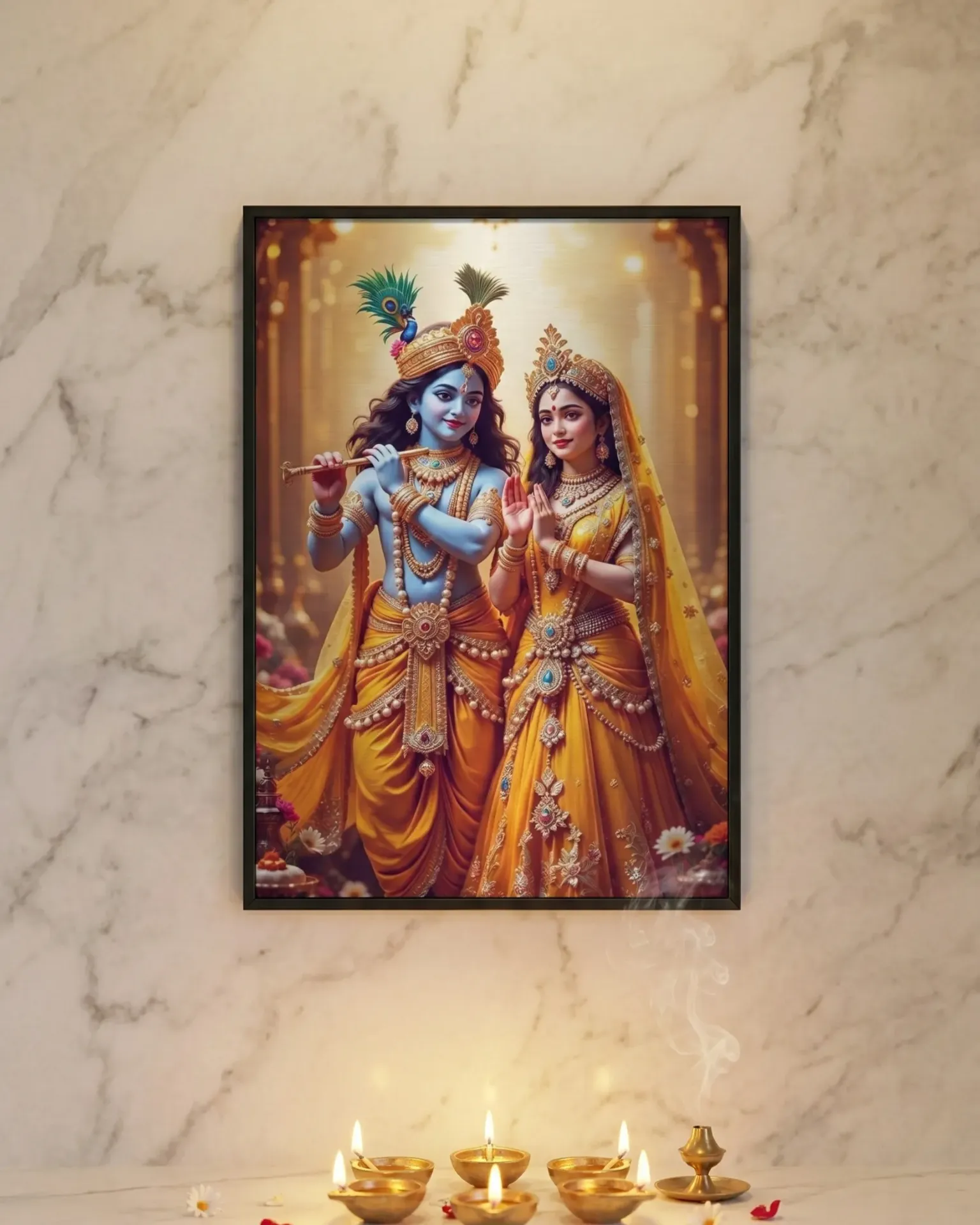 Divine Radha Krishna in Golden Attire with Flute Framed Art