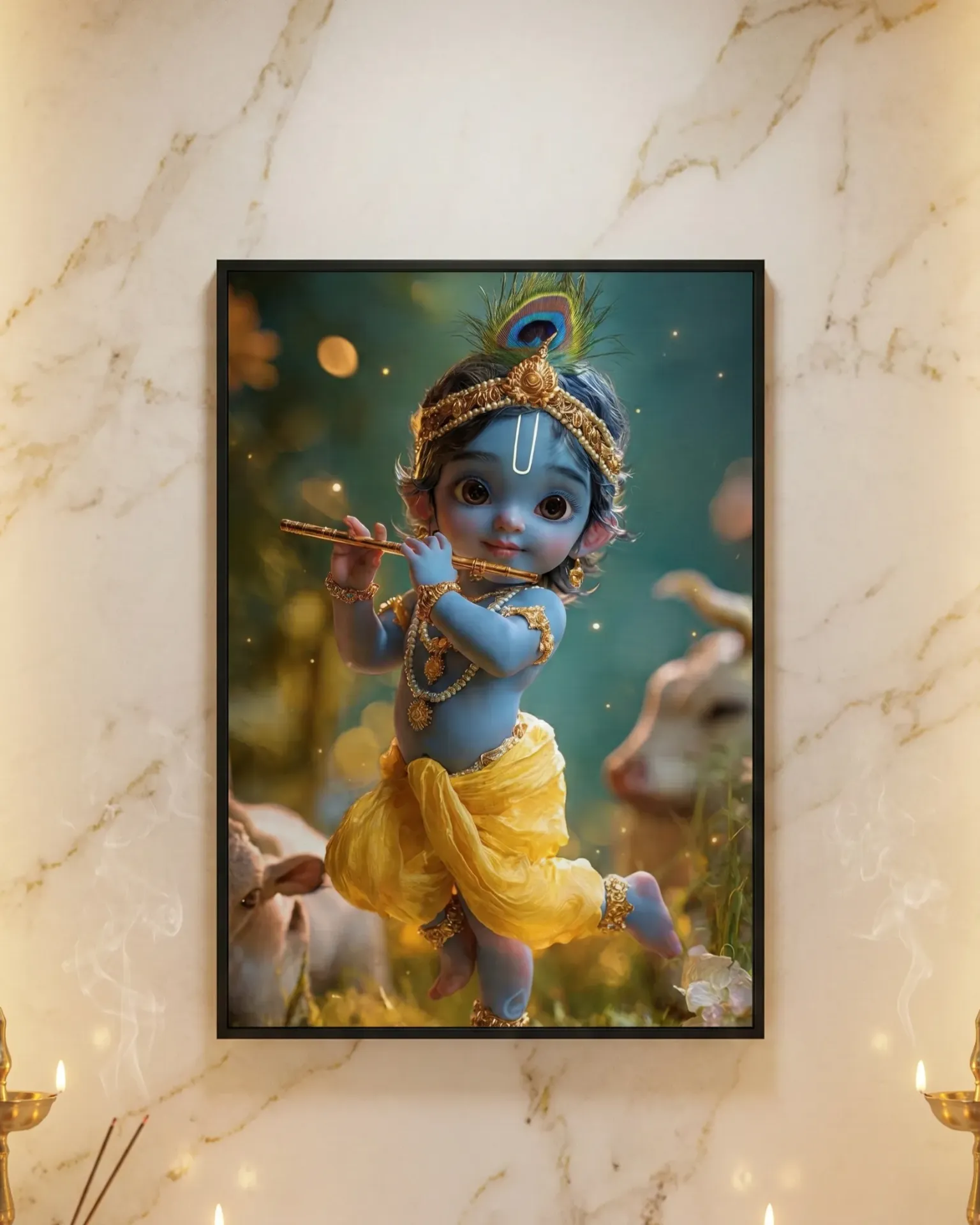 Divine Bal Gopal Playing Flute with Cows Wall Decor v (A4 size)