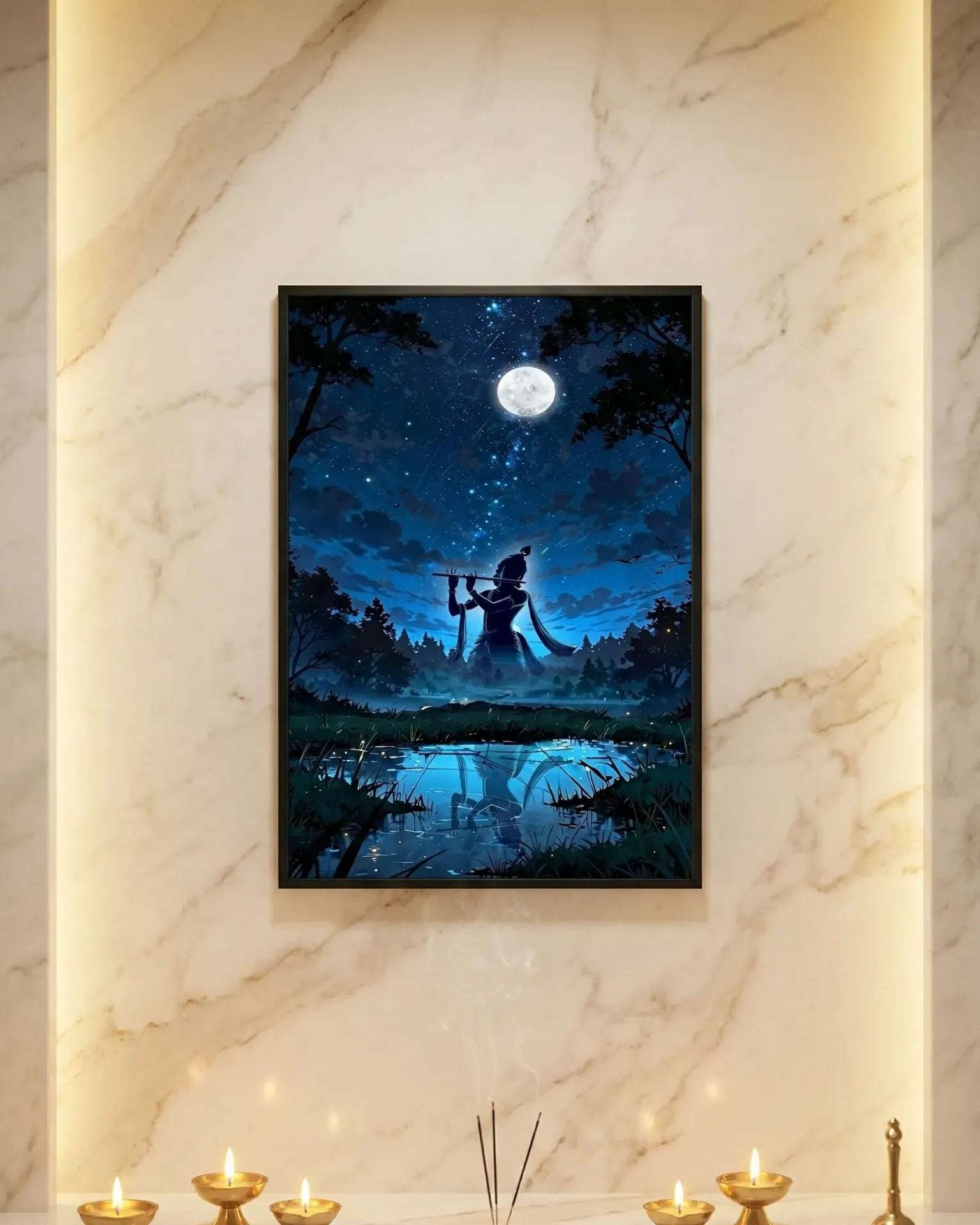 Lord Krishna Moonlit Flute Serenade by Lakeside Framed Art (A4 size)