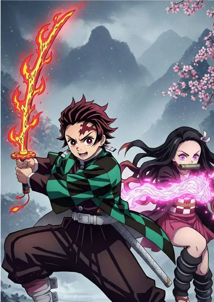 Tanjiro & Nezuko, Demon Slayer (Flame Breathing & Blood Demon Art) A4 Size Metal Poster 